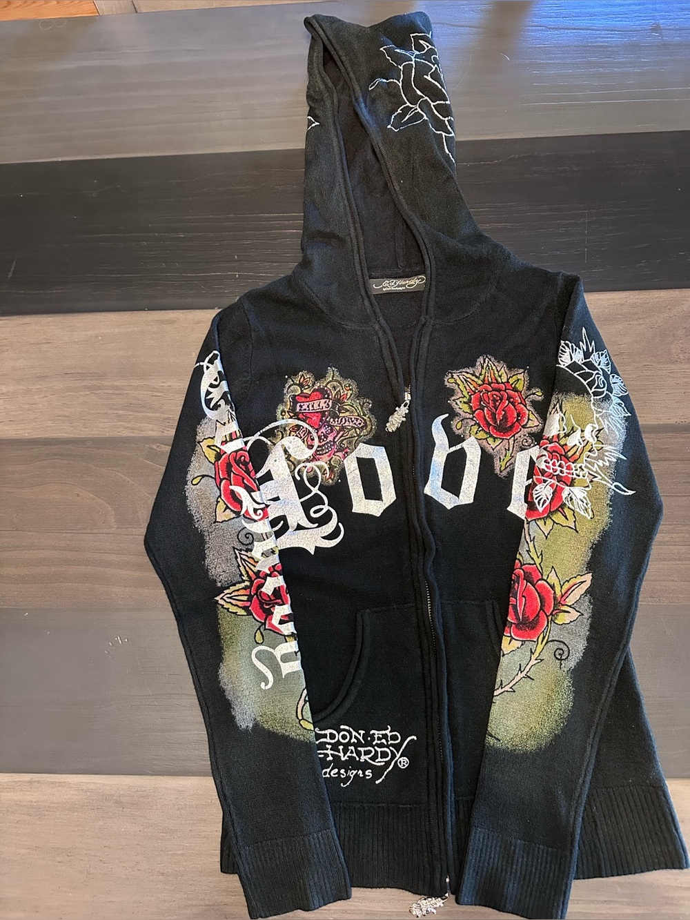 Ed Hardy Black Hoodie with Red Rose and Gold Accents